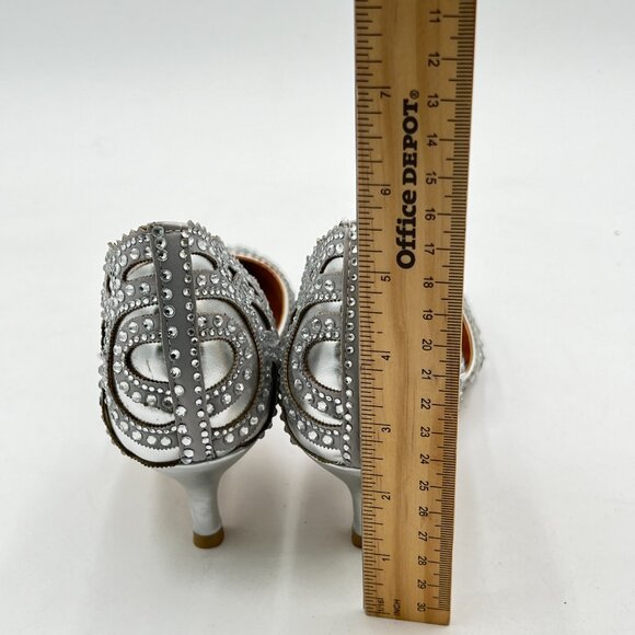 XYD Silver Elegant Pointed Toe D'Orsay Kitten Low Heel Rhinestone Studs Pumps - Picture 5 of 8